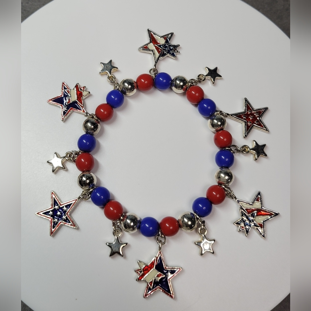 Patriotic Flag Star Beaded Stretch Charm Bracelet